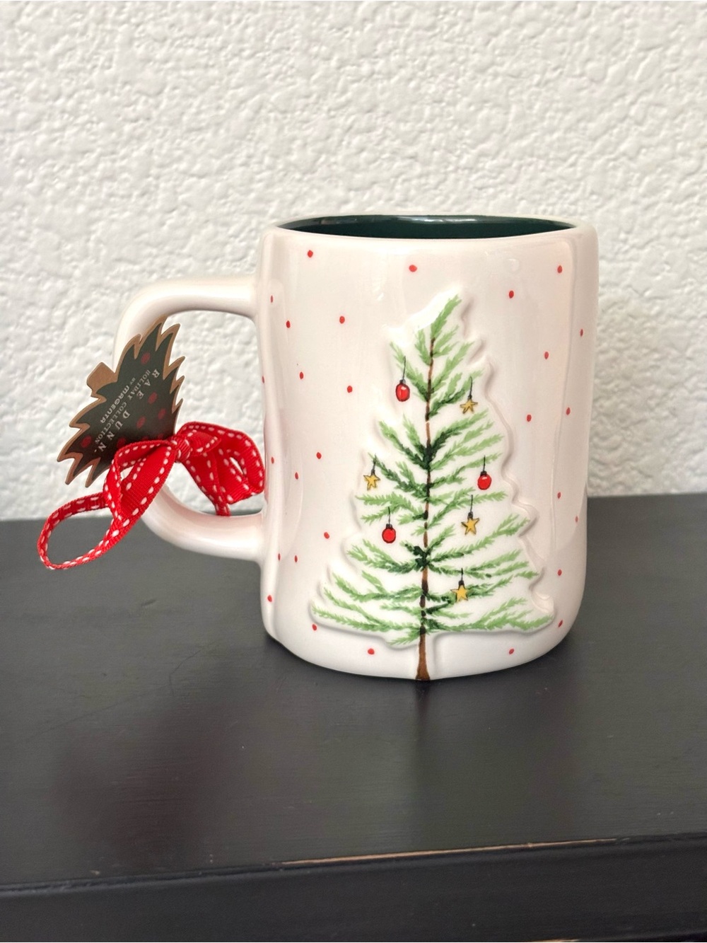 Rae Dunn Ho Ho Ho Christmas Tree Double-Sided Coffee Mug Polka Dot NEW